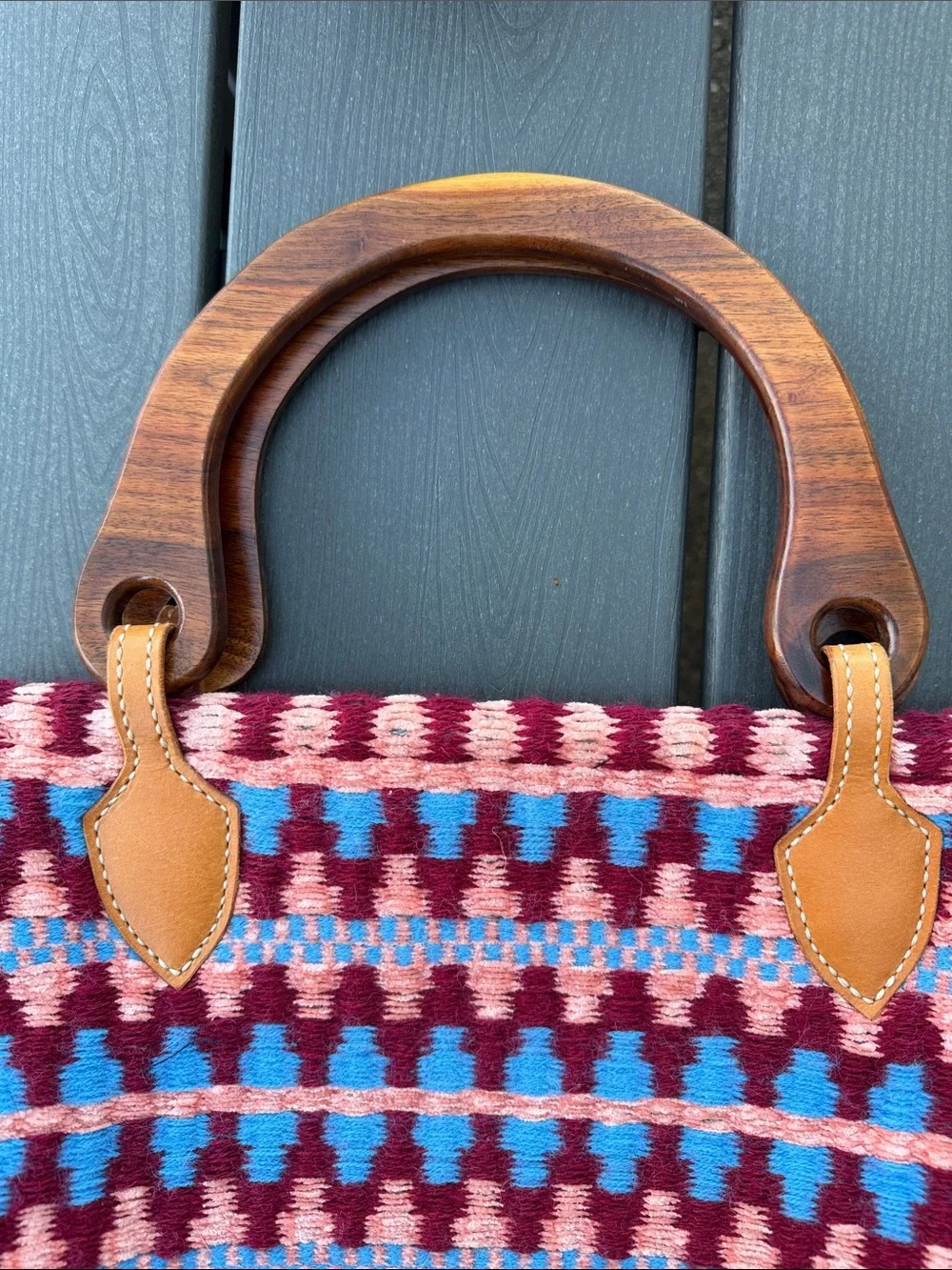 Woven Pattern Handbag with Wood Handles - Burgundy & Turquoise